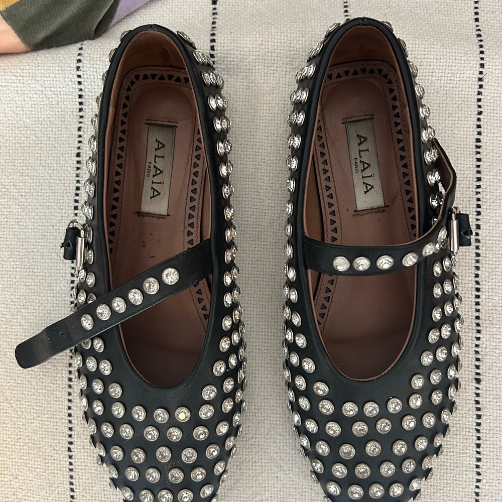 Alaïa Black Crystal-Studded Mary Jane Flats